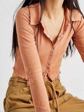 Free People Orange On the Road Cardi Long Sleeve Tee Shirt Size Medium